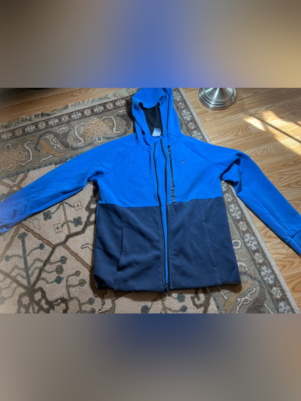 Champion Two-Tone Hooded Shirt Jacket in Royal Blue and Navy